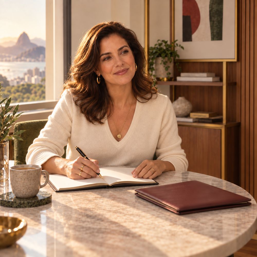 Mulher escrevendo em um caderno em uma mesa junto à janela