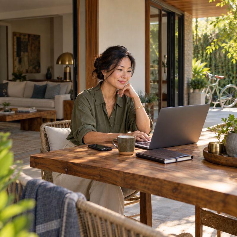Mulher trabalhando no notebook em uma mesa de madeira, em casa, pela manhã