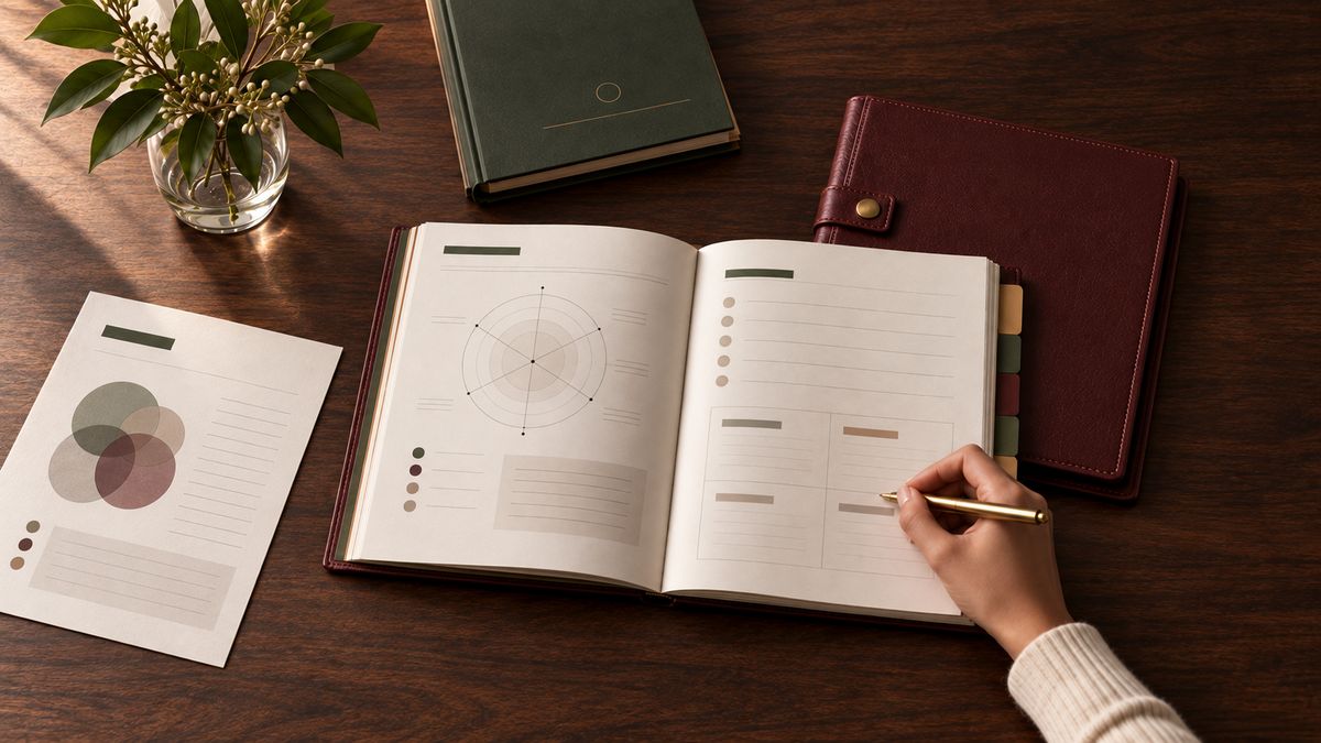 Workbook do Mapa da Próxima Fase aberto sobre a mesa, com anotações à mão